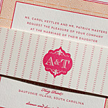 Andrea and Taylor: fuchsia and creamsicle letterpress invitation suite with gold edging and custom printed cocktail napkins to match
