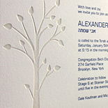 Alexander: Bar Mitzvah invitation with navy ink and tree motif