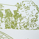 Mia and Brian: custom illustration of wedding location, letterpressed on cotton paper in moss and black
