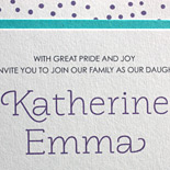Katherine: cute, layered festive Bat Mitzvah invitation in turquoise and purple with matching liner