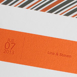Lina and Steven: Caribbean inspired grey and orange pocket folder with belly band, thermographed