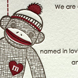 Micah: letterpress sock monkey birth announcement and thank you card with adorable stitching motif