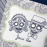 Michelle and Cris: digitally printed Mexican Riviera wedding invitation featuring Day of the Dead bride and groom