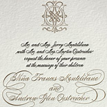 Nina and Andrew: custom wedding invitation and save the date sharing a deer motif, with lovely calligraphic font and monogram in black letterpress and gold foil