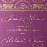 Jessica and Gabriel: invitation on shimmer plum double thick card stock with gold ink and scalloped edge