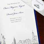 Claire and Daniel: Manhattan skyline wedding program and New York taxicab stickers