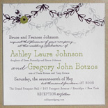 Ashley and Gregory: charming floral motifs and garlands are highlights of this springtime wedding invitation with sparkle backer