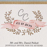 Caitlyn and Christian: elegance meets folksy charm in this collection featuring a ribbon pocket, lovely banner and wreath illustrations, calligraphic motif, and gentle pastel pallet