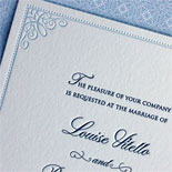 Louise and Richard: classic light blue and navy letterpress invitation with filigree corner border