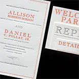 Allison and Daniel: We love the look of this grey and pumpkin modern pocket folder with bold stacked insert cards