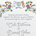 Cali and Daniel: Fun cat monogram, festive florals and a tiny turtle, too. Suite done in watercolors and pewter letterpress.