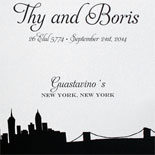 Thy and Boris: black and white wedding program featuring the Riverside Drive skyline from PostScript Brooklyn