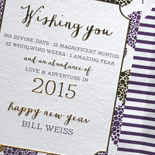 Bill: festive New Year's card in gold foil and eggplant letterpress