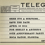 Shelly and Arthur: letterpress telegram styled anniversary party save the date