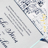 Julie and Adam: duplexed stock letterpressed with navy ink with a custom map and edged in turquoise