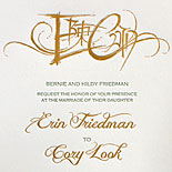 Erin and Cory: letterpress and gold foil wedding invitation with custom hand calligraphy monogram combining Chinese and Hebrew characters