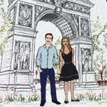 Caroline and Jason: save the date with custom illustration of couple in Washington Square Park