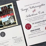 Tanya and Sebastian: 2 color letterpress wedding invitation with vintage postcard save the date
