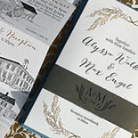 Laurel Court suite from PostScript Brooklyn serves as the centerpiece of this endearing hand illustrated tour of all the event venues. Other highlights include the letterpressed belly band with monogram and gold foil and charcoal letterpress on the invitation. Art by Victoria Neiman Illustration.