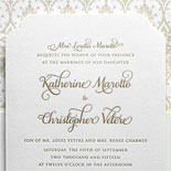Katherine and Christopher - a lovely example of a die cut invitation with matte gold foil and a patterned liner to match the other invitation pieces