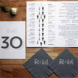 Rachel and Michael - How fun is this infographic program? Shown with silver foil stamped cocktail napkins, coordinated table number and menu