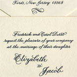 Elizabeth and Jacob - The gorgeous calligraphy of Laurel Hansen was printed in navy lettepress on ecru card stock with a gold painted edge