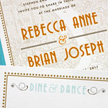 Rebecca and Brian - A festive border, art deco fonts and NYC map make this pocket folder invitation perfect for the urban elegance of their Manhattan Penthouse wedding