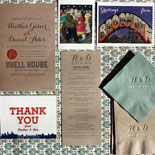  Heather and Daniel: Fun Brooklyn inspired wedding suite. Invitation is letterpressed in charcoal and persimmon and has postcard themed insert cards. Invitation suite is shown here with Brooklyn inspired thank you card, digitally printed program and foil stamped napkins.