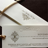  Theresa and Salvatore: Letterpressed, Save the Date Bookmark. Matte gold and blind pressed with a gold ribbon tassel 