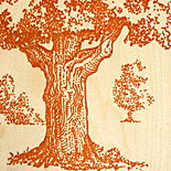 Hannah: tree design letterpressed on wood, rust and fern green, reception card on 100% cotton paper