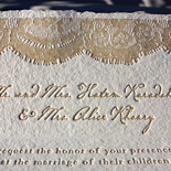 Mais and Ziad: custom vintage lace design on handmade paper letterpressed in toast
