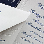 Gillian and William: hand calligraphy lettepressed in navy ink, blind letterpressed rope and star details, digital nautical star liner 
