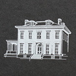 Erica and Greg: slate gray card stock, foil stamped in white features a custom illustrated venue 
