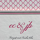 Eunsung and Jonathan: 2 color, 2 ply invite with edge painting, 1 color 1 ply reply and insert card, traditional wedding ducks motif, silver and hot pink inks and envelope liner 