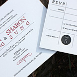 Sharon and Jason: 2 color letterpressed invitation with postcard reply card 