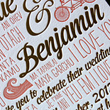 Veronique and Benjamin: Gold foil and coral letterpress with fun motifs and a heart layout on the rehearsal dinner card. Bella Figura Design Contest Winner 2012 