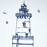 Candace and James: thermography printed invitation suite with custom lighthouse line art 