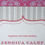 Jessica and Paul: 2 color, letterpress invitation in watermelon and pale grey with aquamarine 2 sided reply postcard
