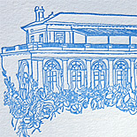 Jane and Matthew: custom illustration of Prospect Park Boathouse letterpressed in cobalt blue and fluorescent orange with digitally printed double sided direction card (map on back shown) and reply card (custom rowboat watercolor on back shown)