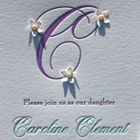Caroline: letterpressed Bat Mitzvah invitation in lavender and pool inks with 3 dimensional flower appliqués and lavender envelope