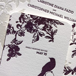 Christine and Christopher: 2 color letterpress invitation with floral and bird motifs and rounded corners