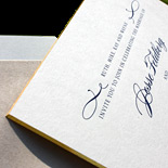 Jesse and Stu: engraved wedding invitation suite engraved in blue ink with gold gilt edge