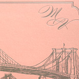 Michelle and Vladimir: foil stamped in pink metallic foil and grey letterpress duplexed with coral shimmer backer and custom bridge illustration (Seaport from PostScript Brooklyn) and monogram