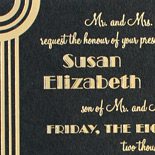Susan and Jason: art deco / Gatsby-inspired wedding invitation with cinematic design printed in gold foil on black stock and letterpress on accompanying pieces