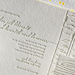 Heather and Kenneth: letterpressed wedding invitation with tree and wood motifs, yellow edging and patterned liner. Perfect for an outdoor wedding or a barn wedding.