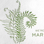 Alli and Steve: trifold, one color letterpress custom wedding invite featuring fern, snail and beetle and perforated reply postcard