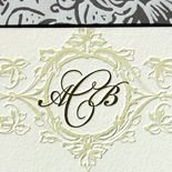 Anne and Brian: 2 color letterpressed invitation with lovely use of olive ink on pearl white paper