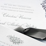 Christine and Frank: Save the Date and Wedding Invitation Suite featuring custom illustrations. Two color engraving and letterpress finished with a satin purple ribbon.