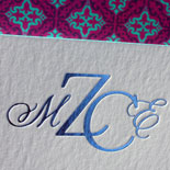 Mariana: letterpress Bat Mitzvah invitation with custom monogram foil stamped and matching liner