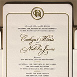 Caitlyn and Nicholas: Gorgeous gold foil and navy letterpress wedding suite featuring a custom monogram designed in house by one of our illustrators. All topped off with rounded corners and a gold liner. Shown with gold foil save the date.